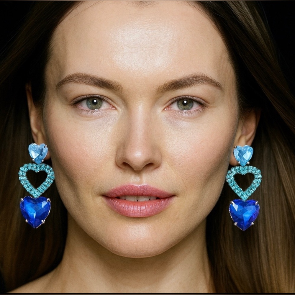 Romantic Blue Crystal Three Heart Drop Earrings